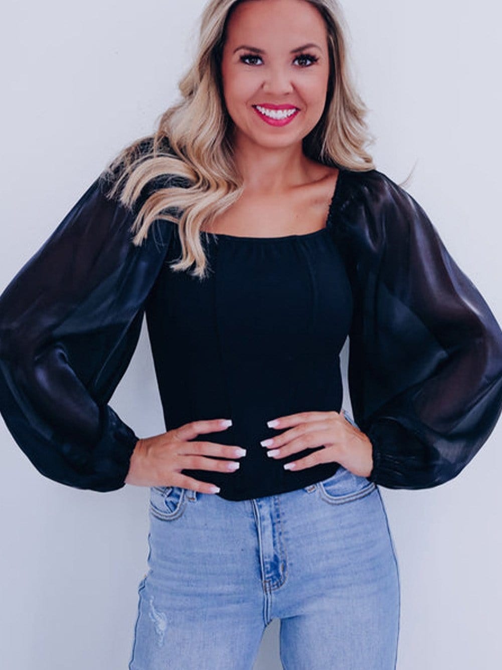 Elegant Black Sheer Lantern Sleeve Square Neck Blouse