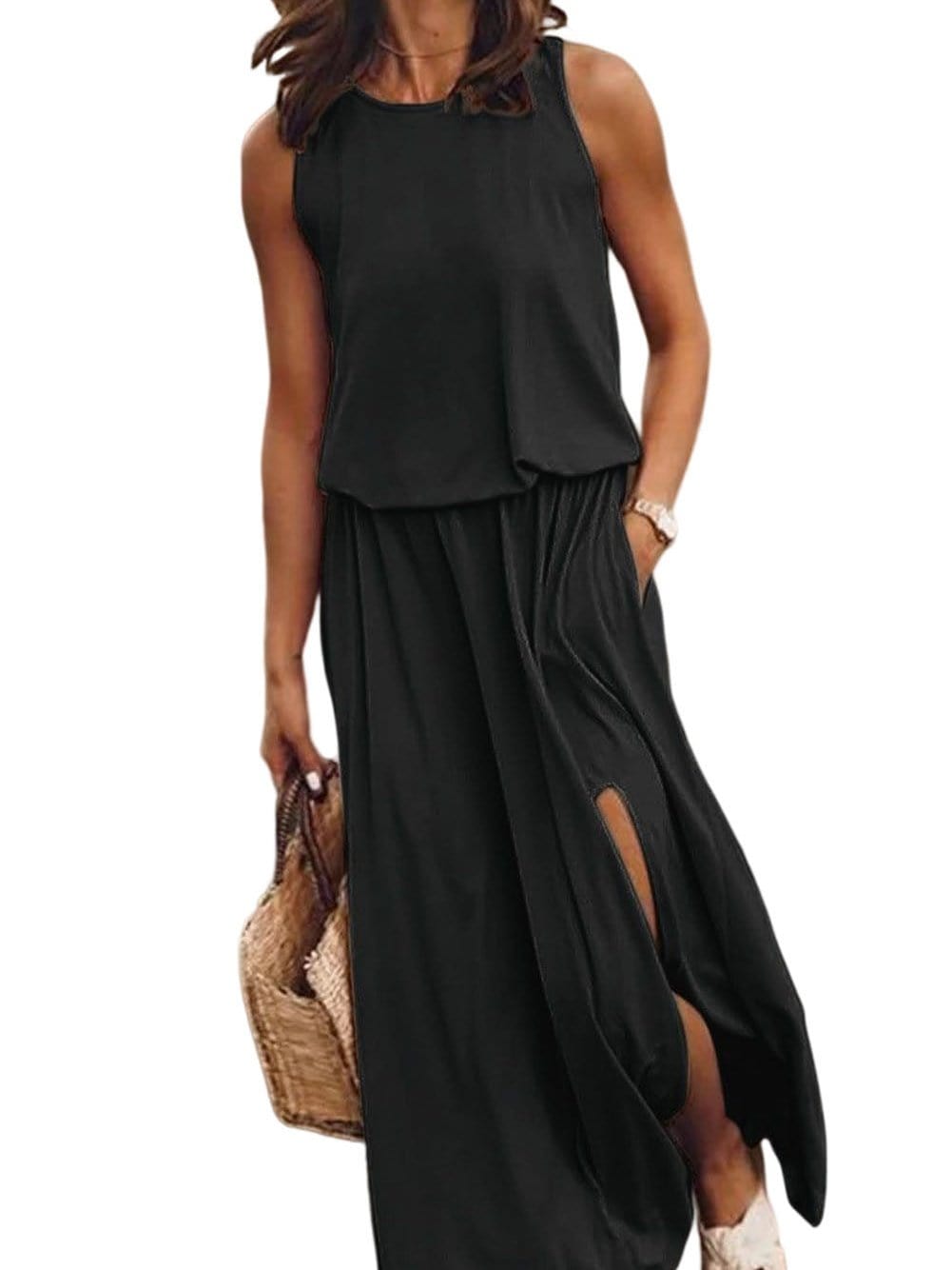 Elegant Black Sleeveless Maxi Tunic Dress with Side Split