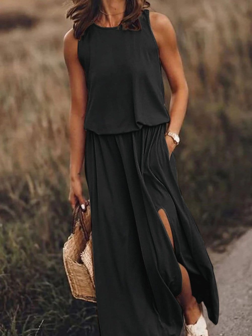 Elegant Black Sleeveless Maxi Tunic Dress with Side Split