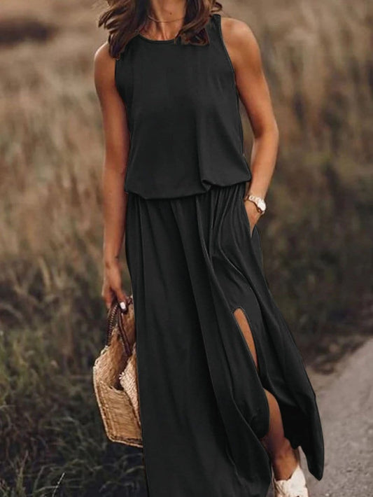 Elegant Black Sleeveless Maxi Tunic Dress with Side Split