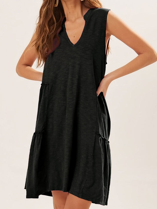 Elegant Black Sleeveless V-Neck Tiered Mini Dress