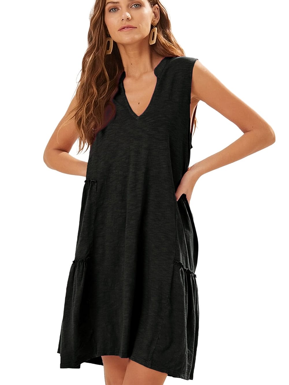 Elegant Black Sleeveless V-Neck Tiered Mini Dress