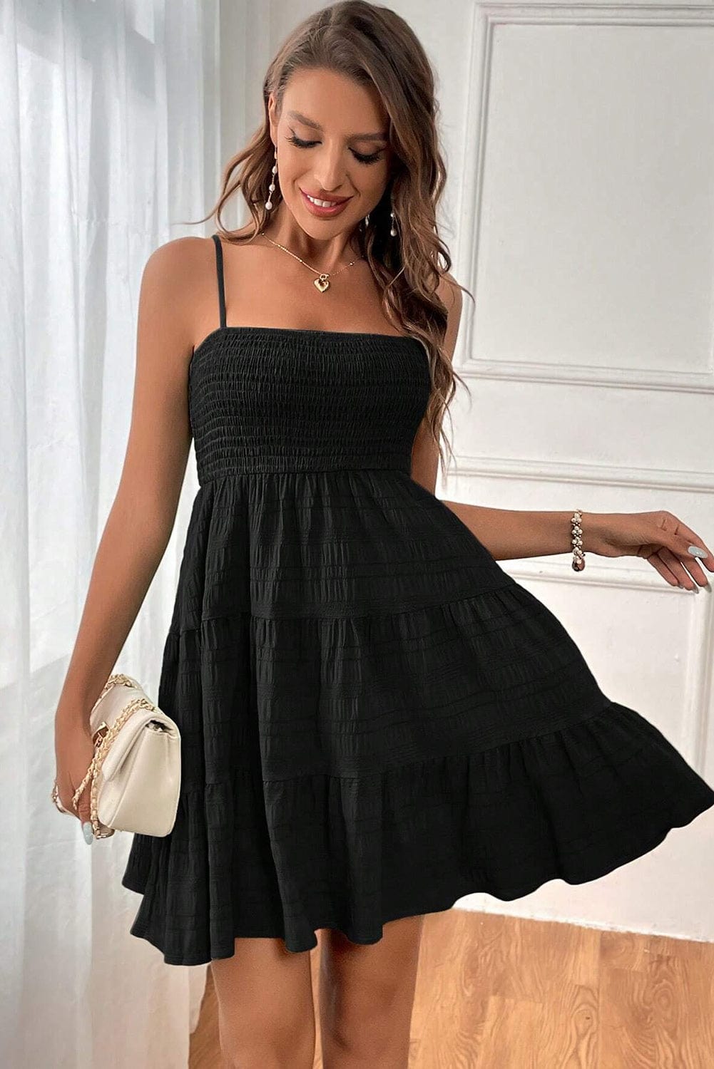 Elegant Black Smocked A-Line Party Dress