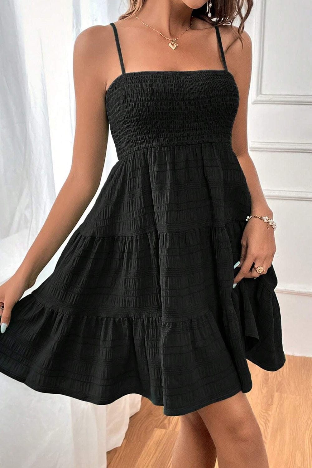 Elegant Black Smocked A-Line Party Dress