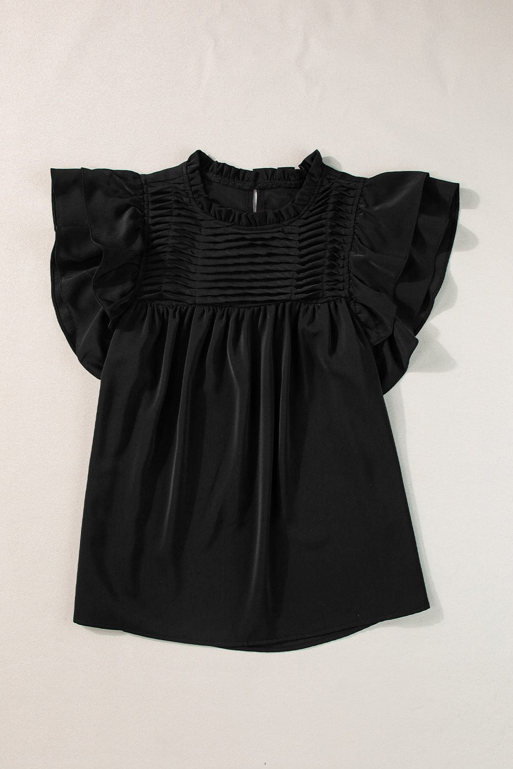 Elegant Black Smocked Blouse with Ruffle Sleeves