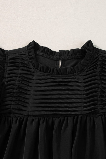 Elegant Black Smocked Blouse with Ruffle Sleeves