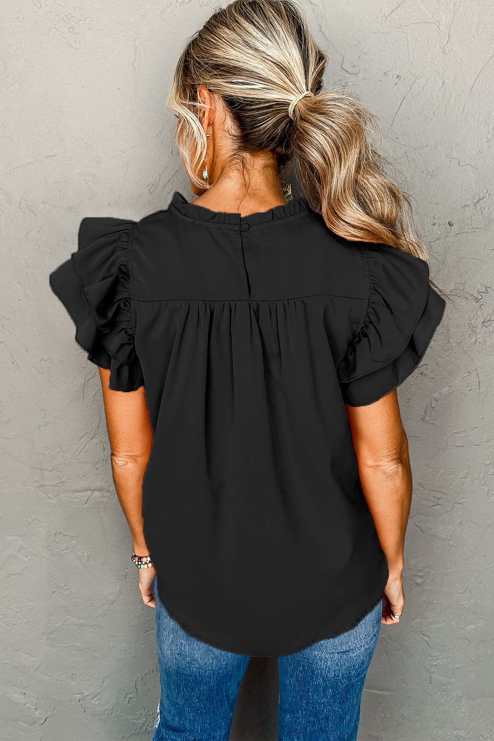 Elegant Black Smocked Blouse with Ruffle Sleeves