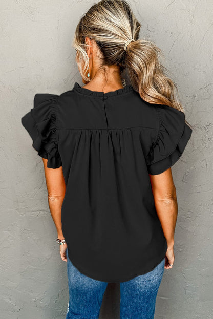 Elegant Black Smocked Blouse with Ruffle Sleeves