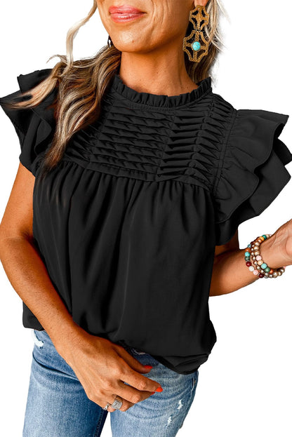 Elegant Black Smocked Blouse with Ruffle Sleeves