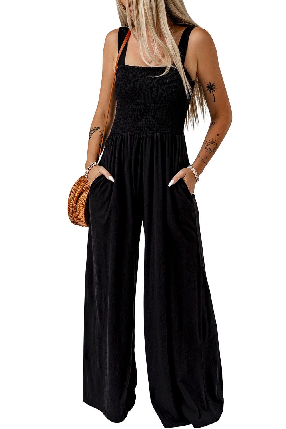 Elegant Black Smocked Sleeveless Jumpsuit with Wide Leg and Chic Details