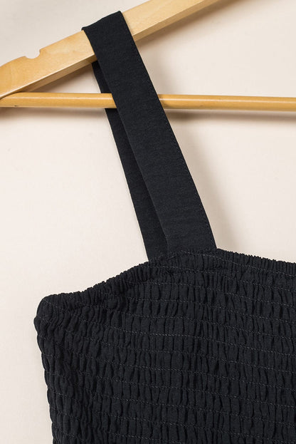 Elegant Black Smocked Sleeveless Jumpsuit with Wide Leg and Chic Details
