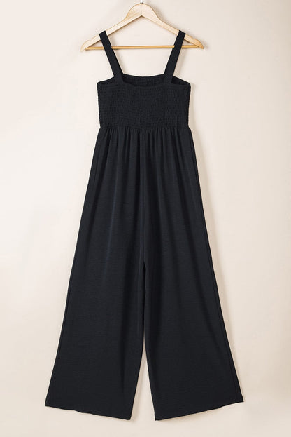 Elegant Black Smocked Sleeveless Jumpsuit with Wide Leg and Chic Details