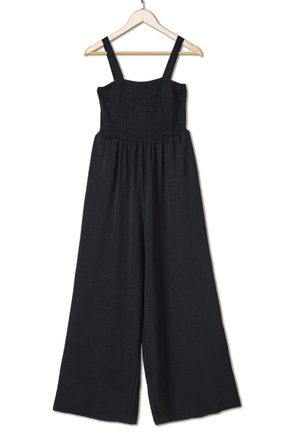 Elegant Black Smocked Sleeveless Jumpsuit with Wide Leg and Chic Details