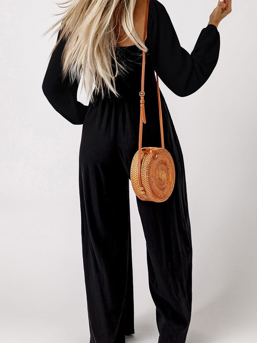 Elegant Black Smocked Square Neck Fit and Flare Jumpsuit