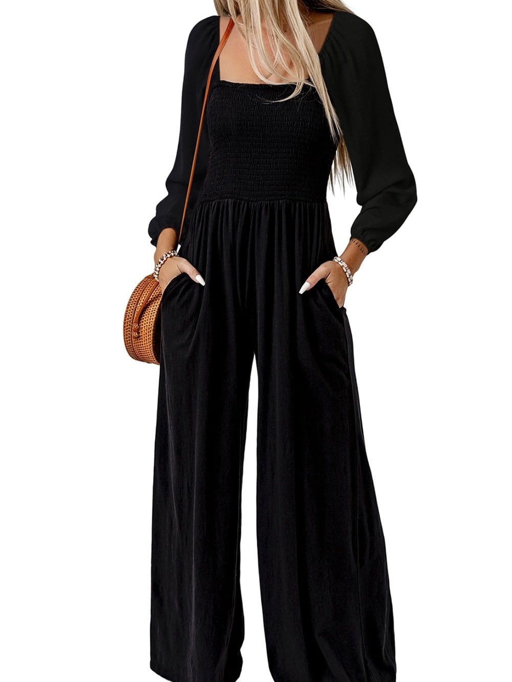 Elegant Black Smocked Square Neck Fit and Flare Jumpsuit