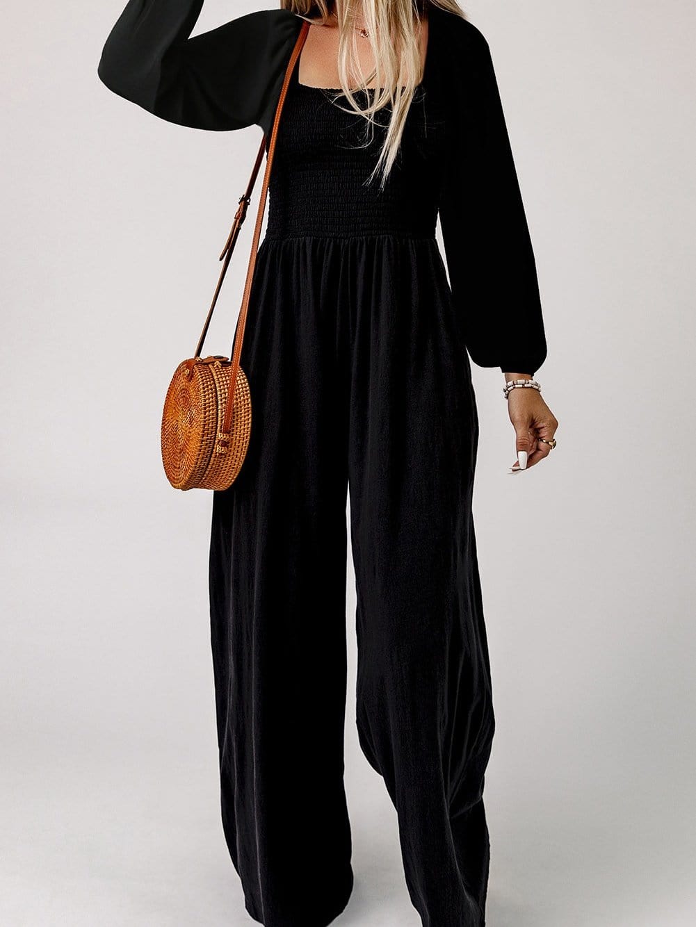 Elegant Black Smocked Square Neck Fit and Flare Jumpsuit