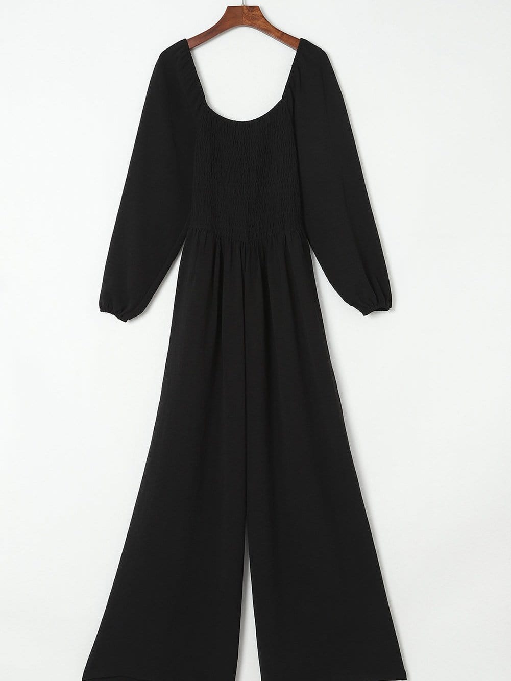 Elegant Black Smocked Square Neck Fit and Flare Jumpsuit