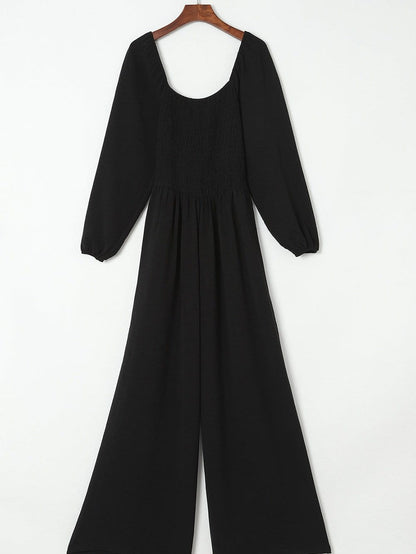 Elegant Black Smocked Square Neck Fit and Flare Jumpsuit