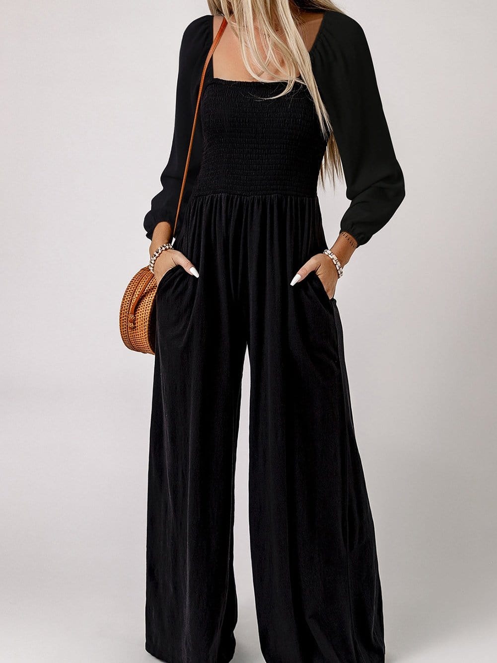 Elegant Black Smocked Square Neck Fit and Flare Jumpsuit