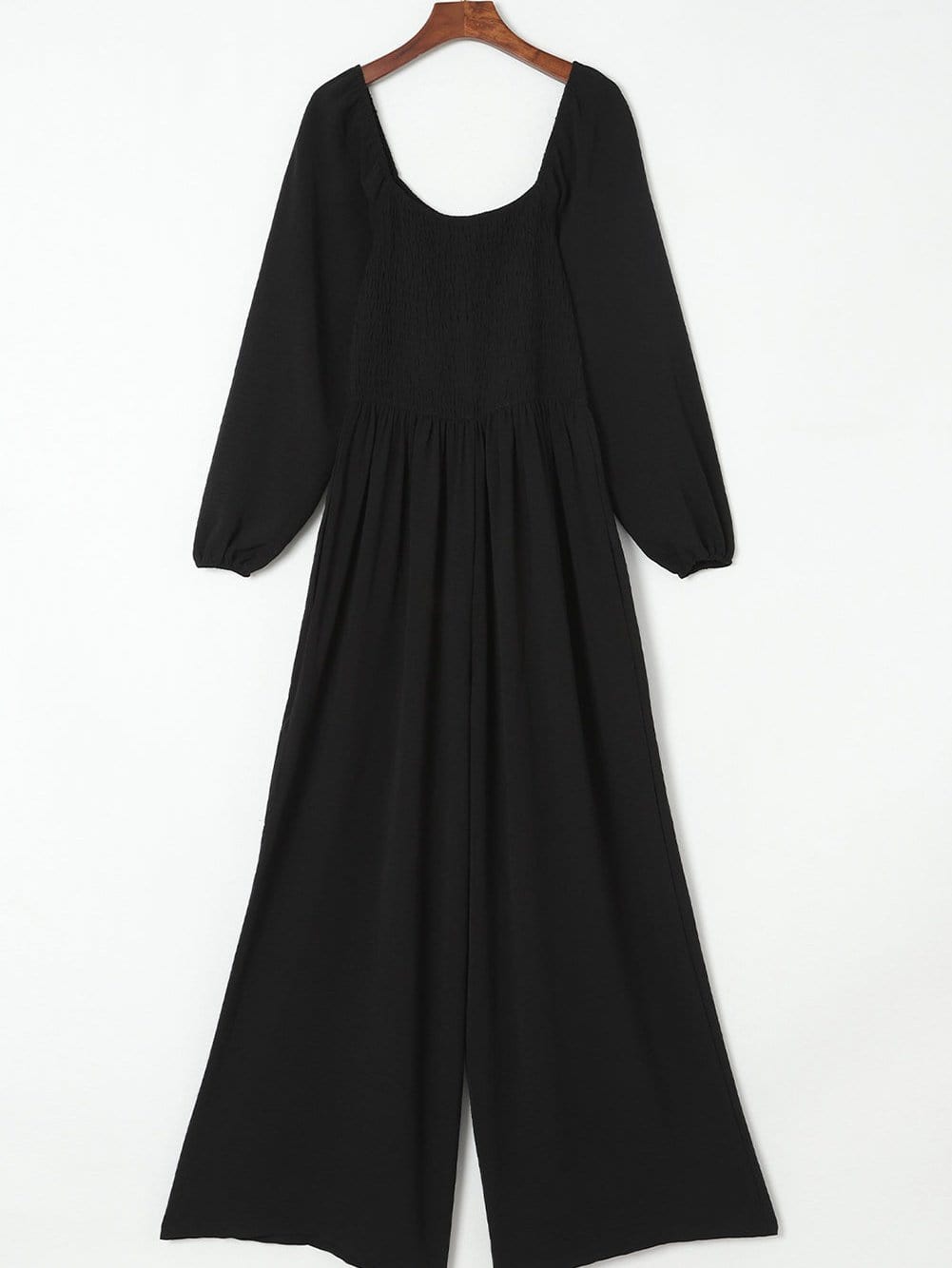 Elegant Black Smocked Square Neck Fit and Flare Jumpsuit