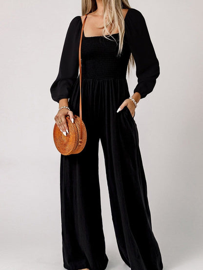 Elegant Black Smocked Square Neck Fit and Flare Jumpsuit