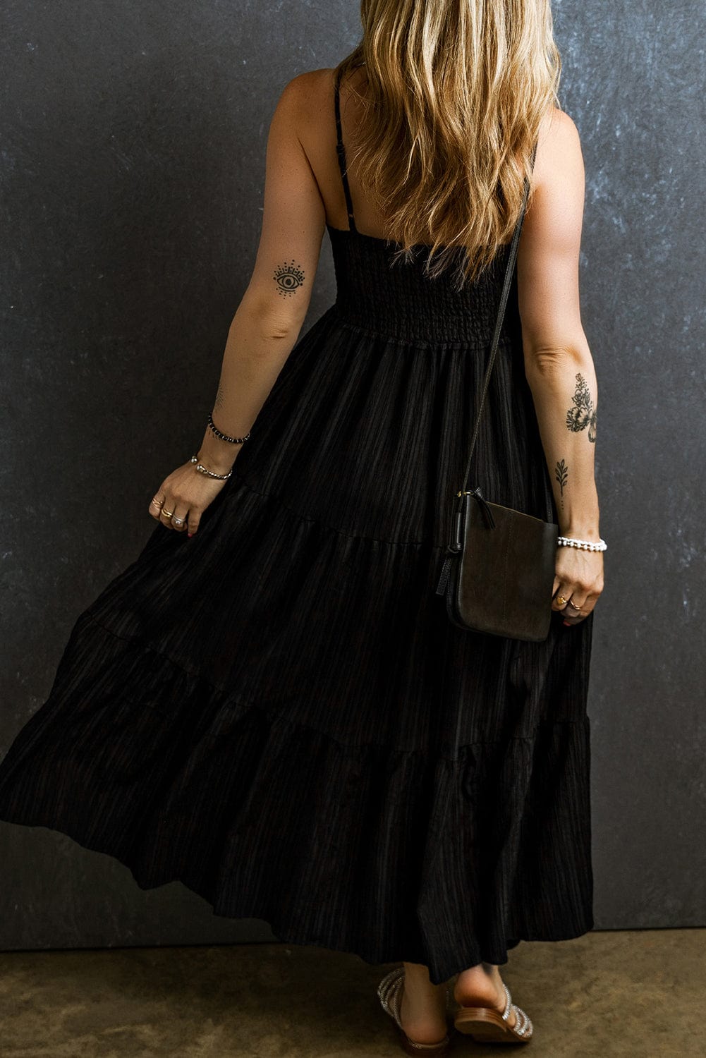 Elegant Black Smocked Tiered Maxi Dress with Spaghetti Straps