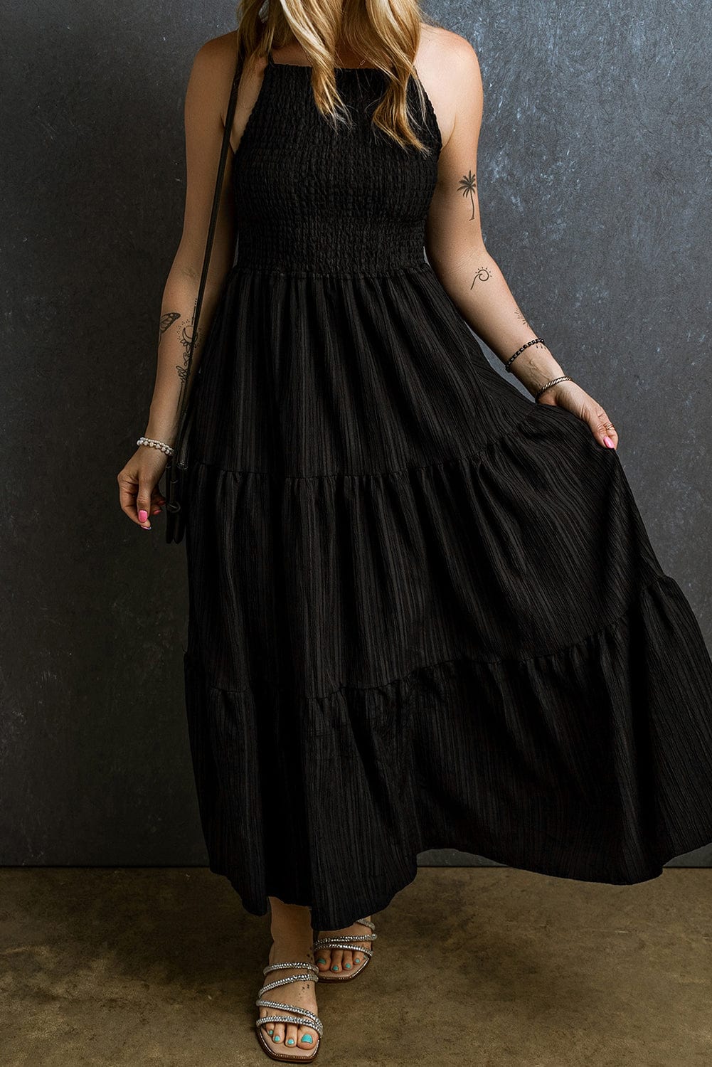 Elegant Black Smocked Tiered Maxi Dress with Spaghetti Straps