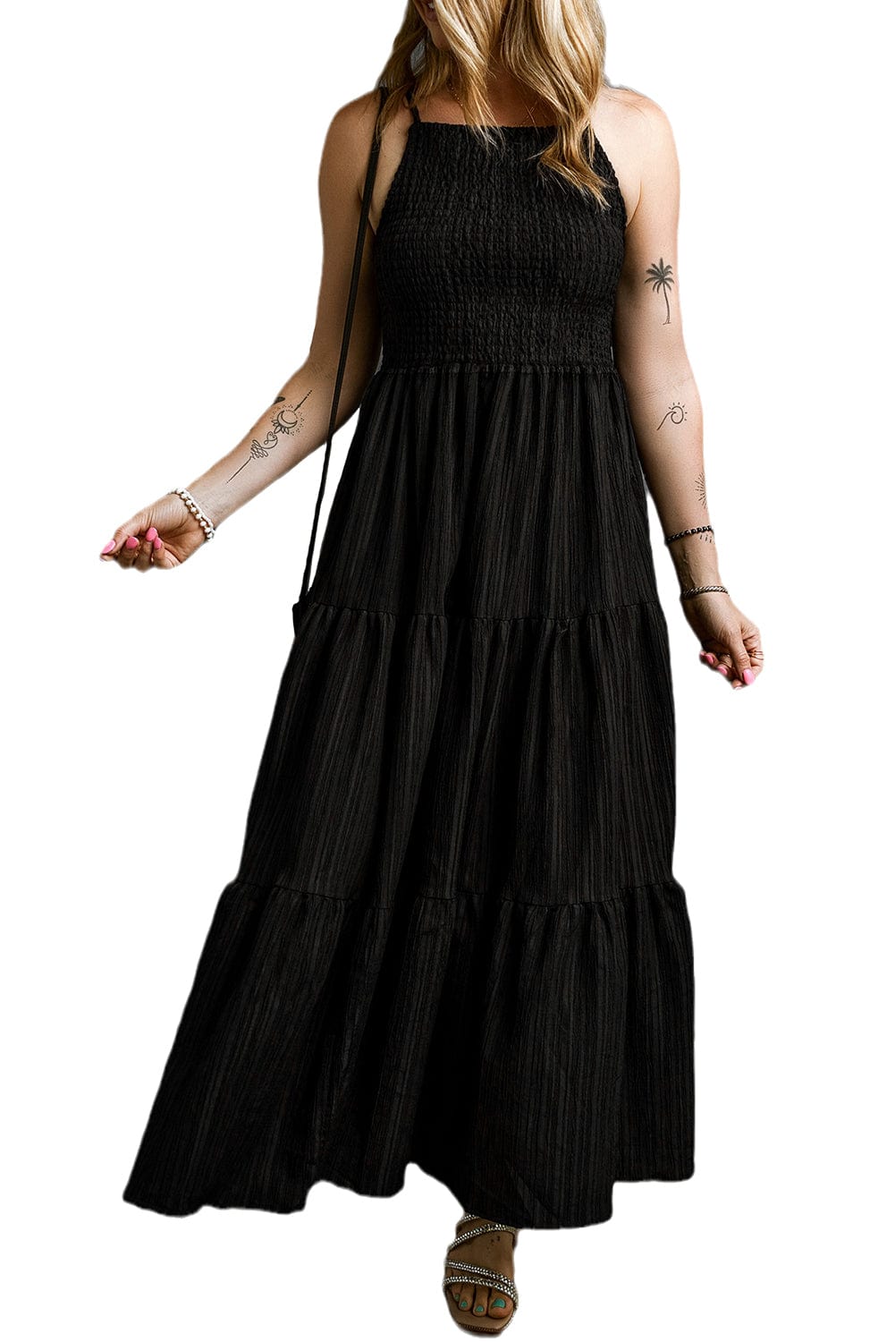 Elegant Black Smocked Tiered Maxi Dress with Spaghetti Straps