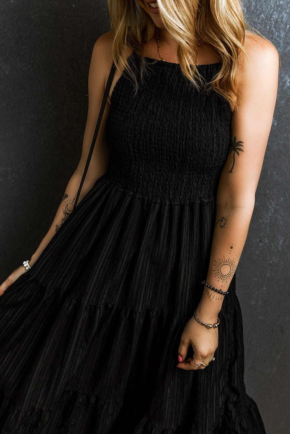 Elegant Black Smocked Tiered Maxi Dress with Spaghetti Straps
