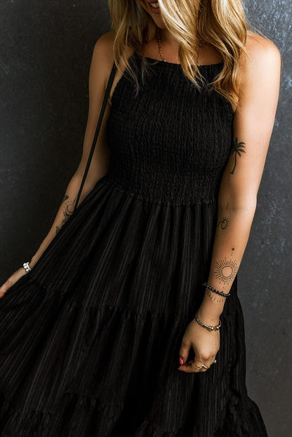 Elegant Black Smocked Tiered Maxi Dress with Spaghetti Straps