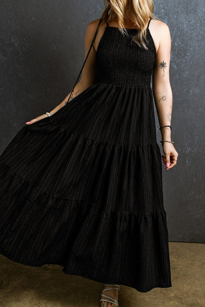 Elegant Black Smocked Tiered Maxi Dress with Spaghetti Straps