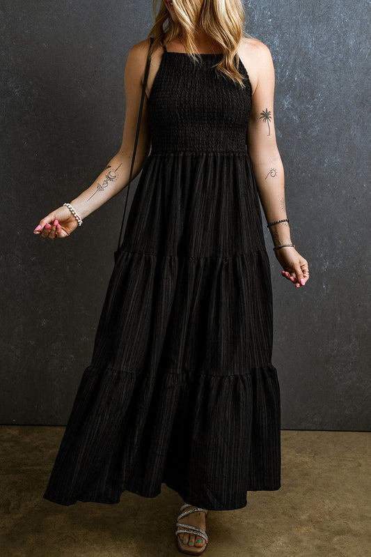 Elegant Black Smocked Tiered Maxi Dress with Spaghetti Straps