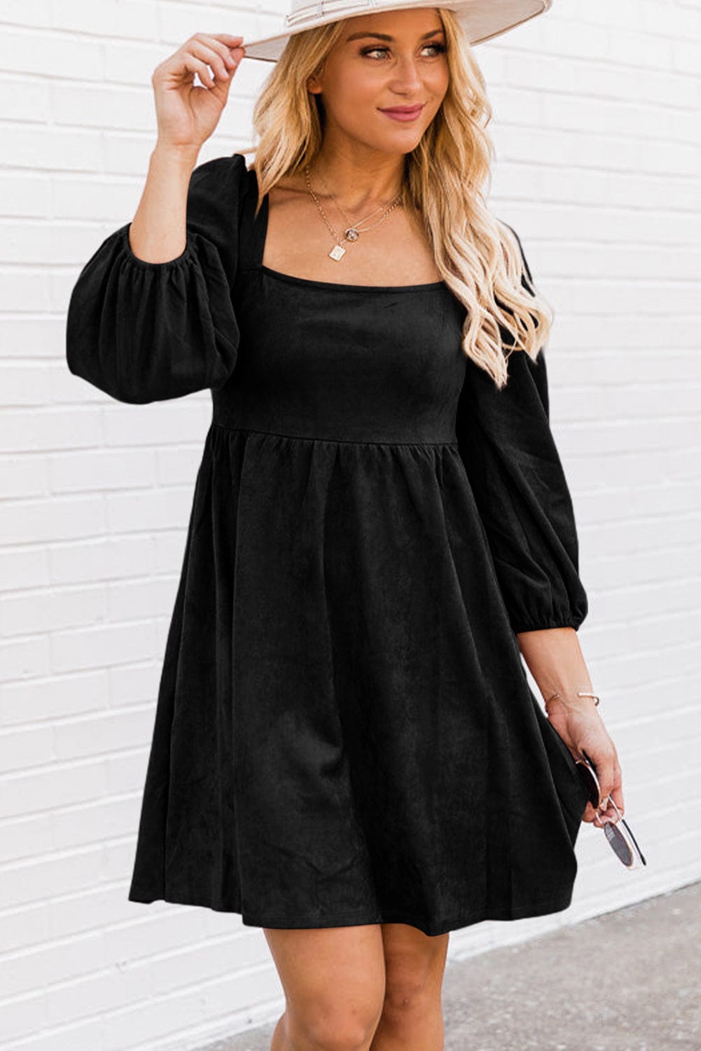 Elegant Black Square Neck Faux Leather Puff Sleeve Mini Dress