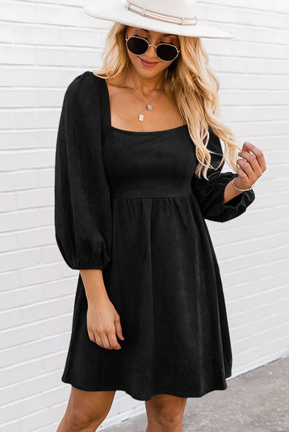 Elegant Black Square Neck Faux Leather Puff Sleeve Mini Dress