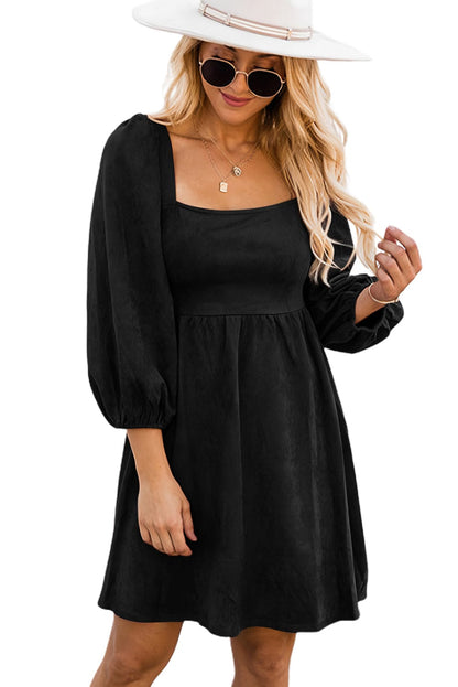 Elegant Black Square Neck Faux Leather Puff Sleeve Mini Dress