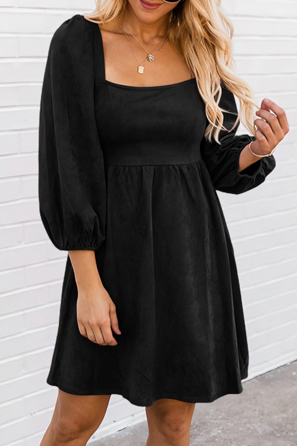 Elegant Black Square Neck Faux Leather Puff Sleeve Mini Dress