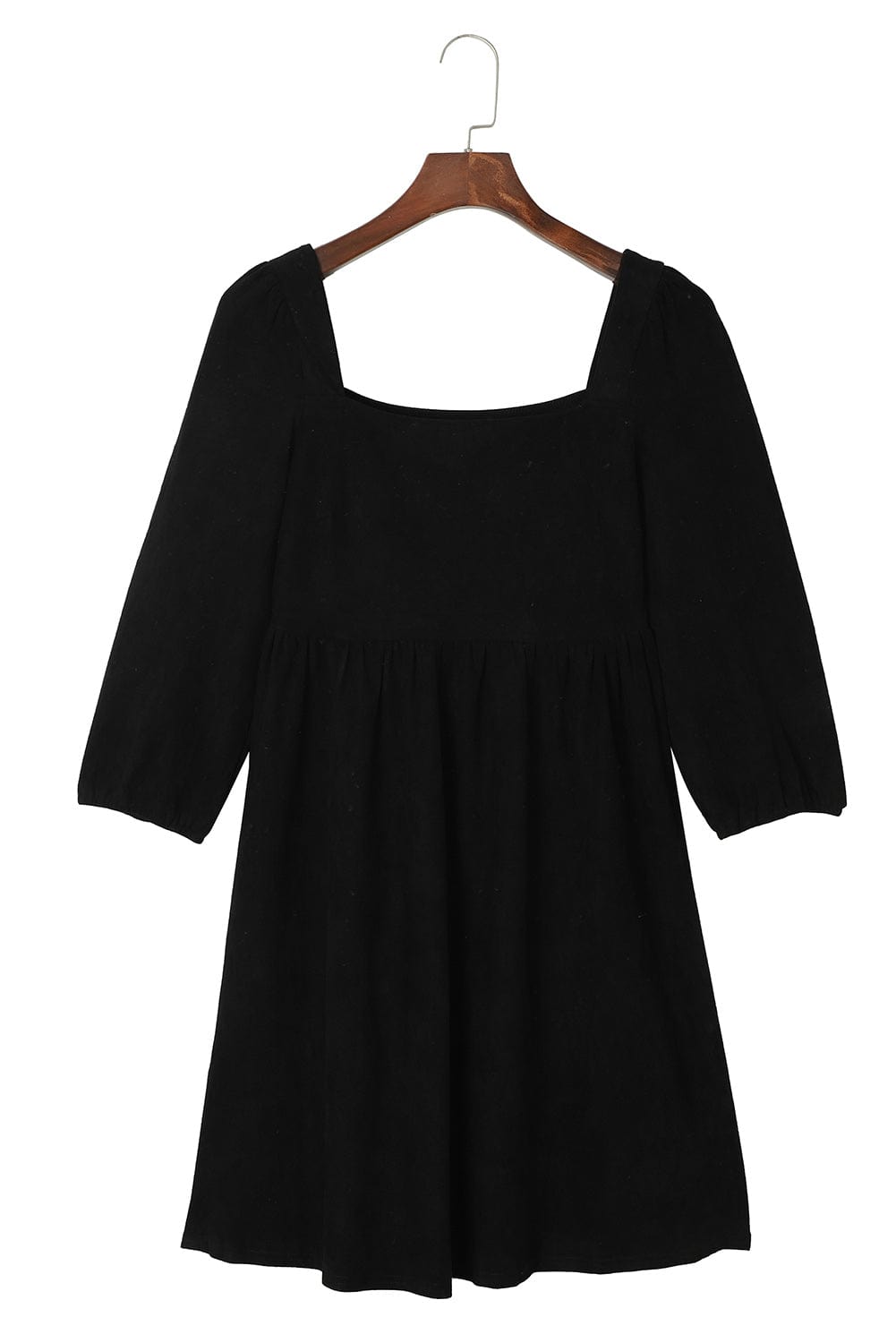 Elegant Black Square Neck Faux Leather Puff Sleeve Mini Dress