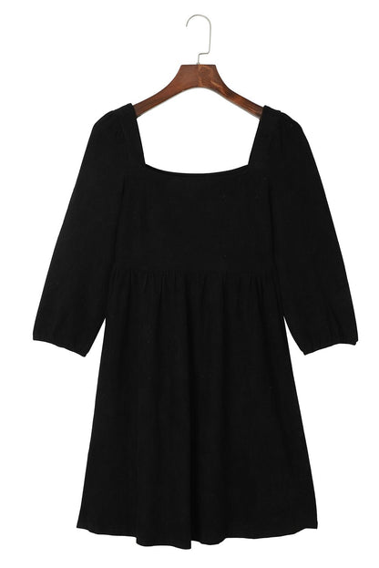 Elegant Black Square Neck Faux Leather Puff Sleeve Mini Dress