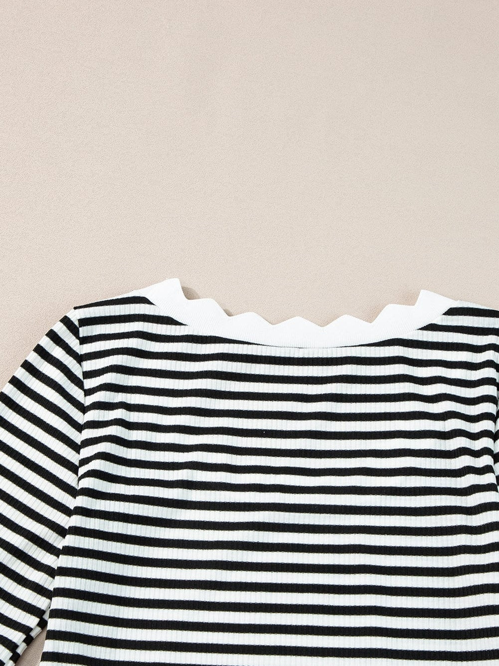 Elegant Black Striped Half Sleeve T-shirt with Scalloped Trim