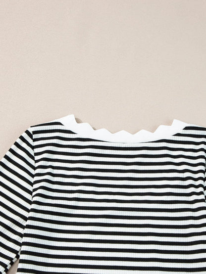 Elegant Black Striped Half Sleeve T-shirt with Scalloped Trim