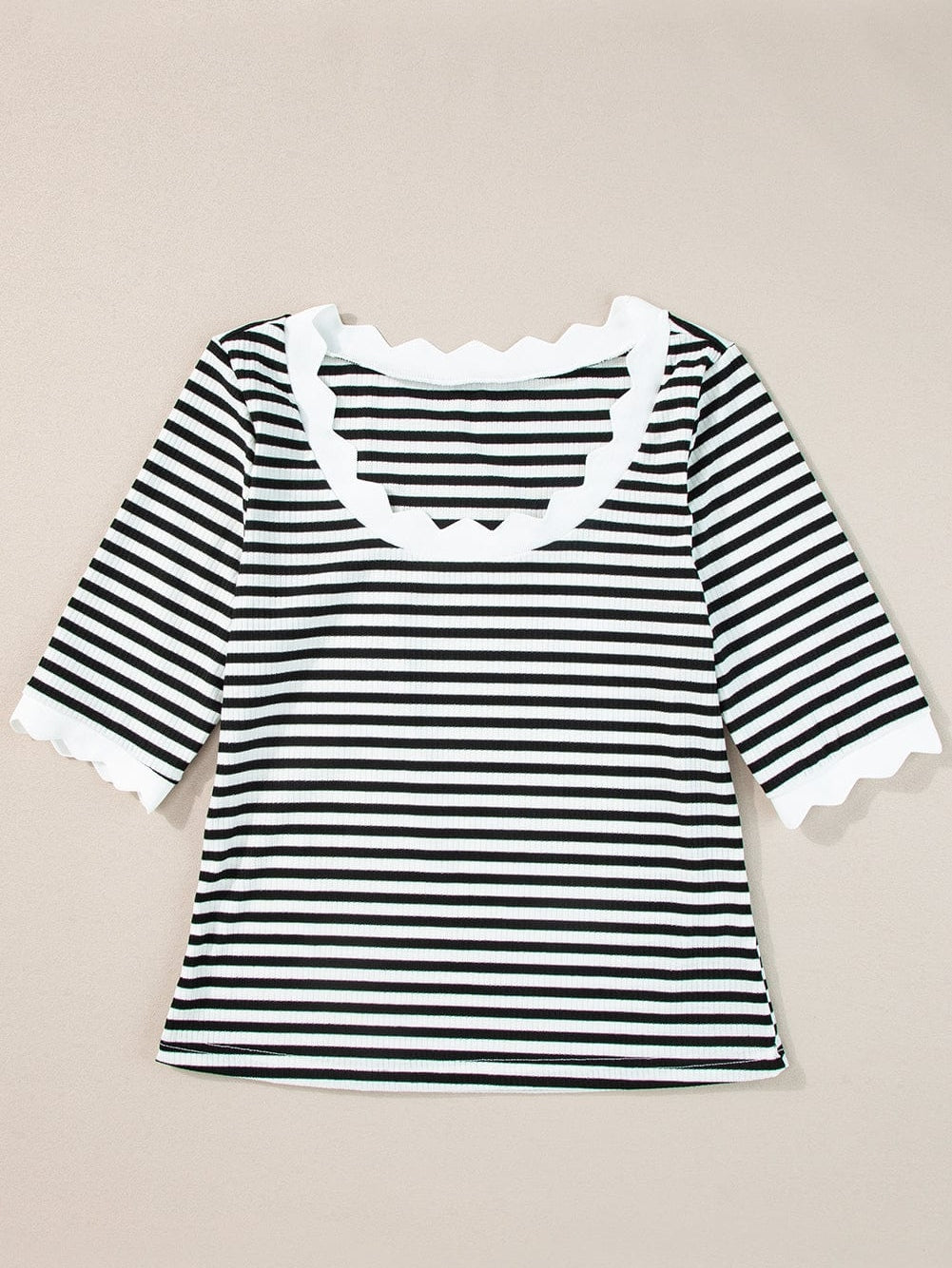 Elegant Black Striped Half Sleeve T-shirt with Scalloped Trim