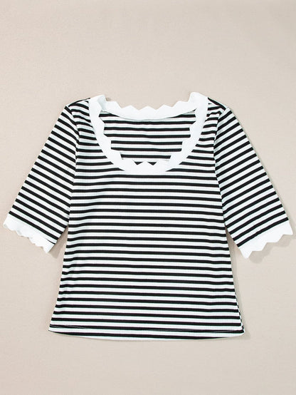 Elegant Black Striped Half Sleeve T-shirt with Scalloped Trim