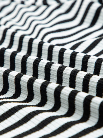 Elegant Black Striped Half Sleeve T-shirt with Scalloped Trim