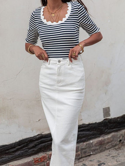 Elegant Black Striped Half Sleeve T-shirt with Scalloped Trim