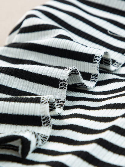 Elegant Black Striped Half Sleeve T-shirt with Scalloped Trim