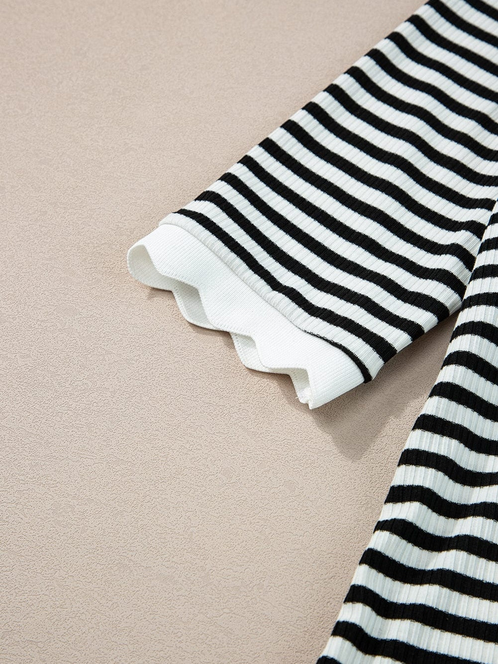 Elegant Black Striped Half Sleeve T-shirt with Scalloped Trim