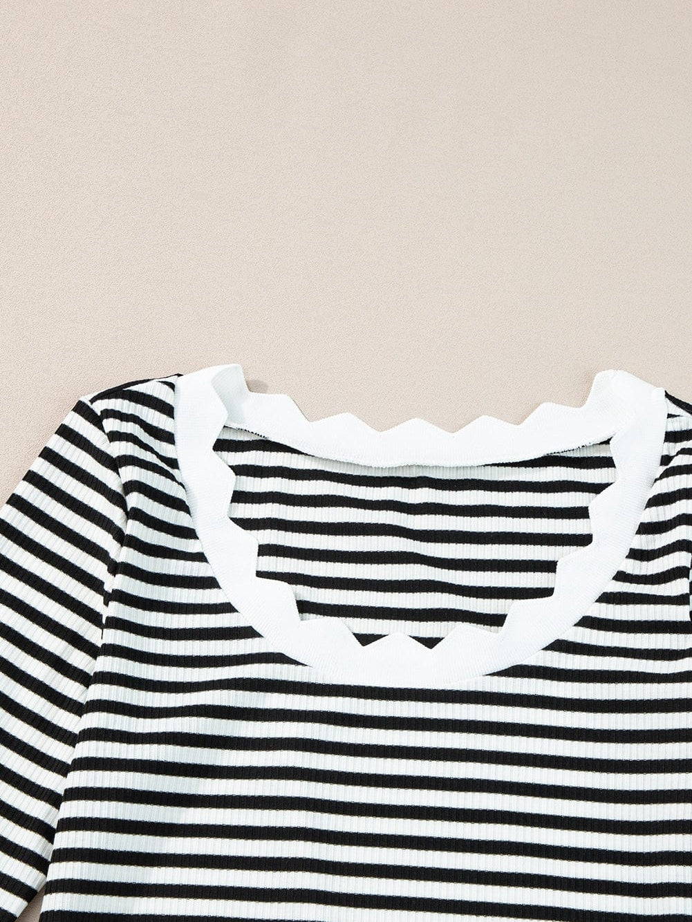 Elegant Black Striped Half Sleeve T-shirt with Scalloped Trim