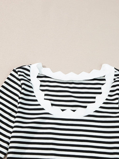Elegant Black Striped Half Sleeve T-shirt with Scalloped Trim