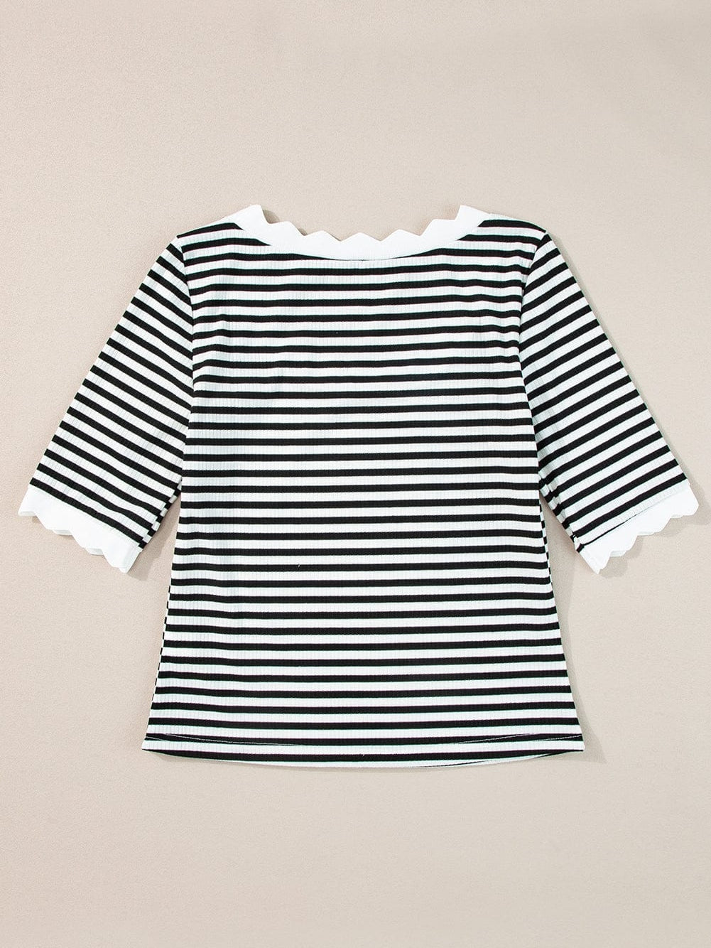 Elegant Black Striped Half Sleeve T-shirt with Scalloped Trim