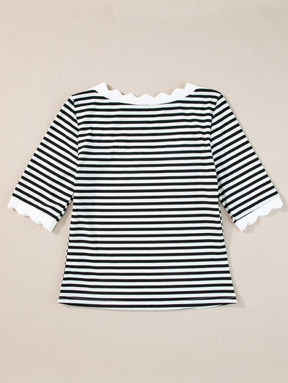 Elegant Black Striped Half Sleeve T-shirt with Scalloped Trim